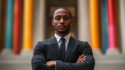 Confident African American Businessman with Arms Crossed in Front of Colorful Pillars