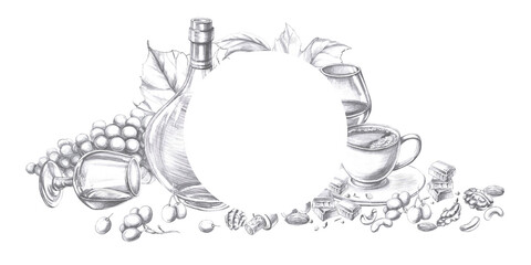 Frame with bottle of cognac, glasses and grapes. Isolated pencil illustration on the theme of alcoholic drinks for restaurant menu design, cocktail list, interior design.