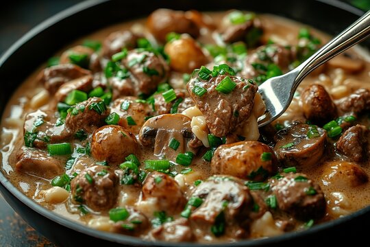 Hearty beef and mushroom stroganoff served in a rustic bowl topped with fresh chives and served with tender noodles on dark background