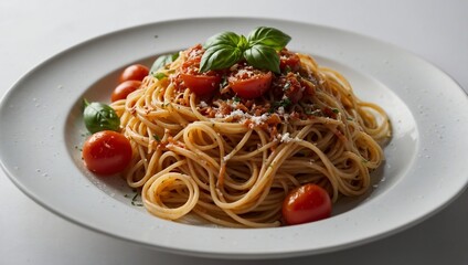 plate of spaghetti with tomato sauce in the foreground