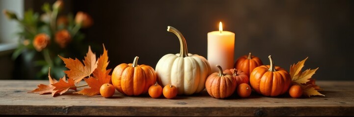 Pumpkin and candle arrangement on a simple wooden table, pumpkin, seasonal centerpieces, elegance