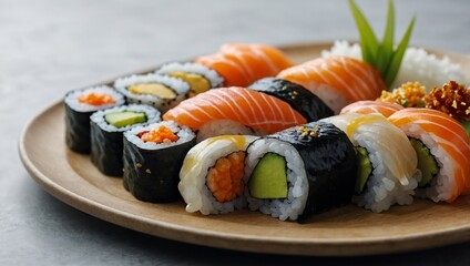 a plate of sushi with salmon and vegetables