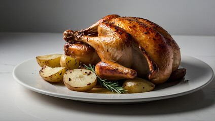 a roast chicken with potatoes as a side dish