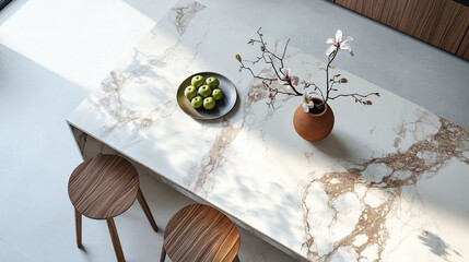 Minimalist calacatta viola marble kitchen island with wooden hockers and organic styling with magnolia flowers and apples, wabi-sabi japandi kitchen