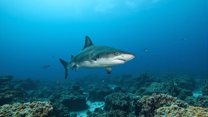 Fototapeta premium Graceful hammerhead shark navigating coral reefs with smaller fish
