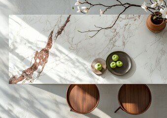 Minimalist calacatta viola marble kitchen island with wooden hockers and organic styling with magnolia flowers and apples, wabi-sabi japandi kitchen