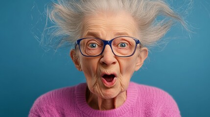 An old woman with blue glasses and a pink sweater is making a surprised face. Concept of humor and playfulness, as the woman's exaggerated expression and the unusual combination of her outfit