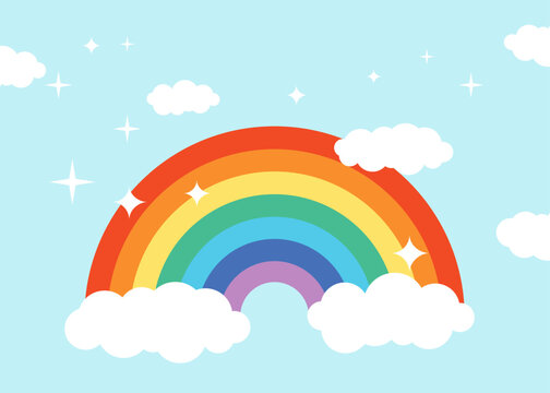 Colorful rainbow with white clouds is isolated on the blue sky background. All layered and grouped. Vector.
