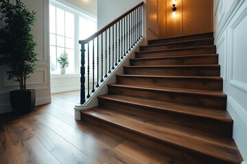 Elegant stairway featuring wood steps a black spindle railing and a sunlit landing area A potted plant adds to the inviting ambiance
