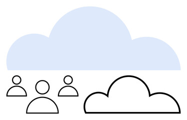User icons below large abstract cloud suggestive of cloud computing, data sharing, or collaboration. Ideal for technology, innovation, teamwork, connectivity, cloud storage, remote access digital