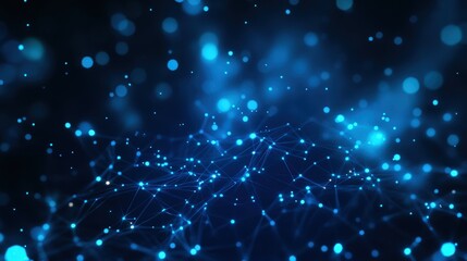 Fototapeta premium An abstract representation of interconnected networks highlighted by glowing blue particles against a dark background, symbolizing data flow and technological advancements.