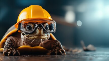 A calm turtle in safety gear sits on the ground, showcasing a unique character and a sense of adventure, inviting imaginative thoughts and dreams.
