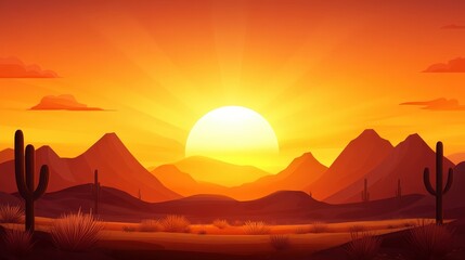 Obraz premium A vibrant sunset over a desert landscape, featuring silhouette mountains and cacti