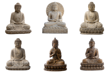 Serene Stone Buddha Statues Displayed in Diverse Poses for Tranquil Home Decor