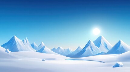 A breathtaking winter landscape featuring majestic snow-covered mountains under a clear blue sky, illuminated by a bright sun. Perfect for nature lovers and travel enthusiasts.