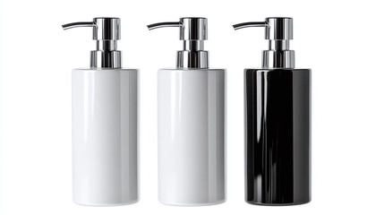 Set of three sleek pump bottles in white, black, and chrome, isolated on white background, stylish containers for liquid soap, lotion, or cosmetics packaging.