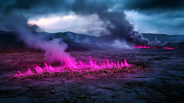 A dark purple fire lying on a patch of scorched earth in the middle of a desert, glowing eerily in the dim light as smoke rises in thick columns