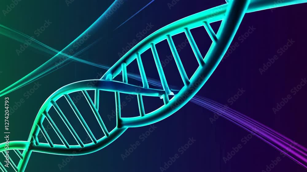 Poster Rotating dna double helix spinning against dark background, revealing intricate molecular structure with dynamic light trails highlighting genetic complexity and scientific visualization