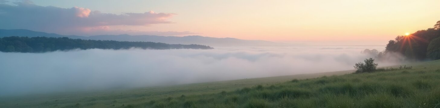 Morning fog rolls in across a misty landscape with a few wispy clouds, soft, gently rolling