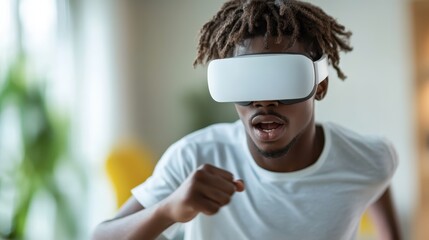 A young man fully immersed in a virtual reality experience, showcasing excitement and engagement, set in a vibrant indoor environment that sparks curiosity and fun.