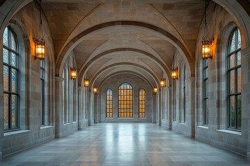 Obraz premium Elegant architectural space with arched ceilings and hanging lanterns Warm light filters through large windows