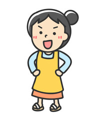 腰に手を当てて自信満々なエプロンを着た主婦