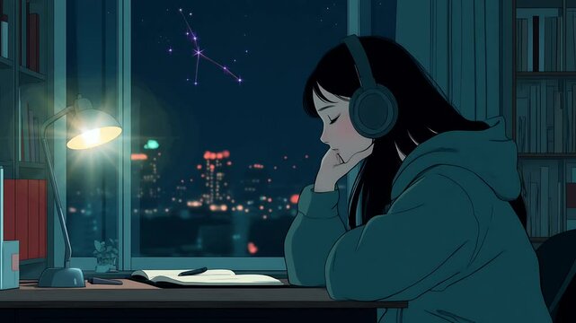 An anime girl wearing headphones studying at night with a starry sky visible through the window. Seamless looping time lapse animation video background.  
