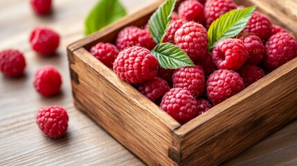 raspberries in a wooden box