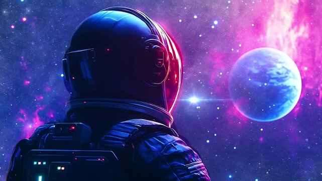 An astronaut in a futuristic space suit gazing at a glowing planet in deep space. Seamless looping time lapse animation video background.  
