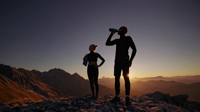 Silhouetted hikers at sunrise on a mountain peak, captured from a low angle, conveying adventure and tranquility in a cinematic video style.