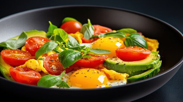 A vibrant, healthy breakfast bowl featuring fresh eggs, ripe tomatoes, creamy avocado, and fragrant basil. Perfect for promoting nutritious eating and culinary creativity.