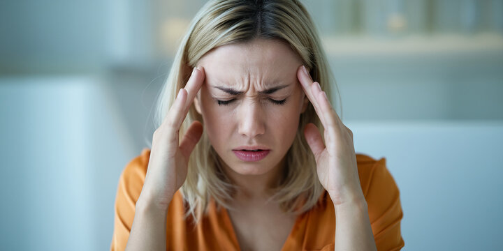 A woman with blonde hair experiencing a headache in an office setting, holding her temples with both hands while showing discomfort and pain. This image represents stress and exhaustion.