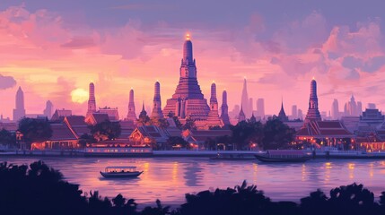 Fototapeta premium A serene sunset illuminates a city skyline featuring pagodas and temples along a river, creating a tranquil and picturesque scene.