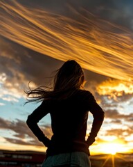 Empowering silhouette of a strong woman against a vibrant sunset nature landscape inspirational viewpoint