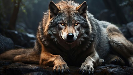 Obraz premium A digital artwork featuring two wolves facing each other.