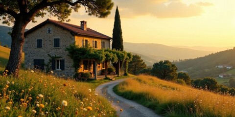 Obraz premium Serene Stone House on Rolling Hills at Sunset with Wildflowers and Winding Path