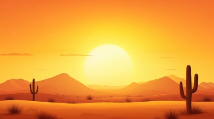 A beautiful sunset over a serene desert landscape featuring silhouettes of cacti. The warm hues of orange and yellow create a peaceful ambiance, perfect for nature lovers.