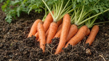 Fresh carrots poking out of rich soil vibrant colors contrasting against the dark earth