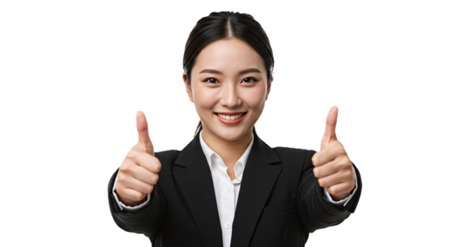 Confident Businesswoman Giving Double Thumbs Up Against White Background