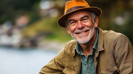 Man wearing a brown hat and a green shirt is smiling. He is sitting by a body of water