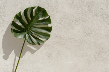 Monstera leaf showcase minimalist background nature indoor setting close-up leaf aesthetics
