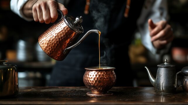 A barista preparing a traditional Turkish coffee in a copper cezve.