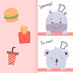 Hippo and koala best chef drawing.  fast food icons set