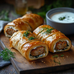 Sausages Wrapped in Puff Pastry with Yogurt-Mustard Sauce