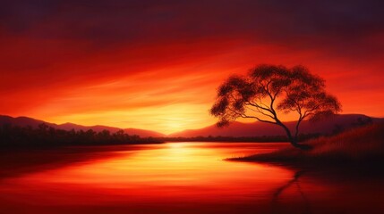 Fototapeta premium A serene sunset reflecting vibrant hues of orange and red over a calm lake, accompanied by the silhouette of a lone tree and distant hills, creating a tranquil atmosphere.