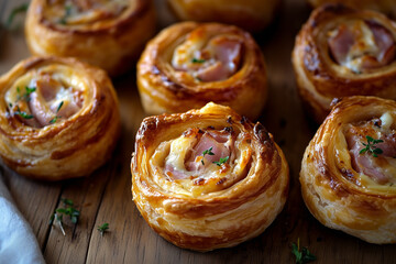 Flaky Ham and Cheese Pastry Rolls on a Dark Wooden Table