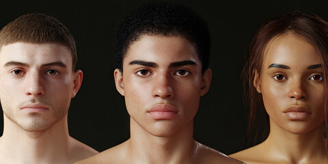 Three 3D Rendered Human Heads: Light, Medium, and Light Brown Skin Tones