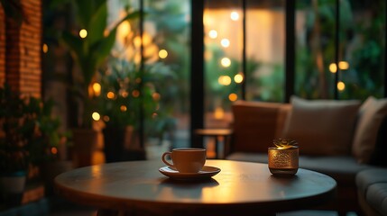 A cozy coffee shop interior with warm lighting and a peaceful ambiance.