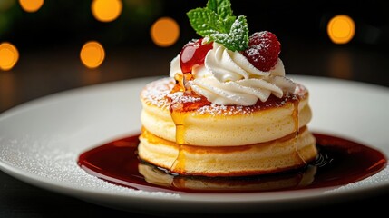Fluffy Pancakes with Whipped Cream and Fresh Berries on Plate