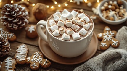 A cozy winter setting with a cup of hot cocoa topped with marshmallows and gingerbread cookies.